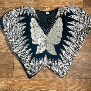Vintage Sequin Beaded 100% Silk Butterfly Top Overlay 70s 80s 90s Disco Party OS